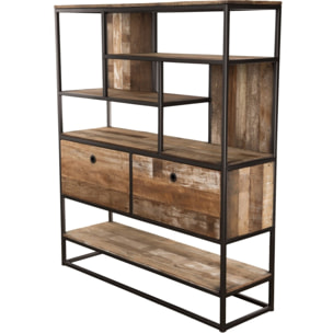 SIXTINE - Étagère marron 2 tiroirs et 7 niches Teck recyclé Acacia Mahogany recyclé et métal noir