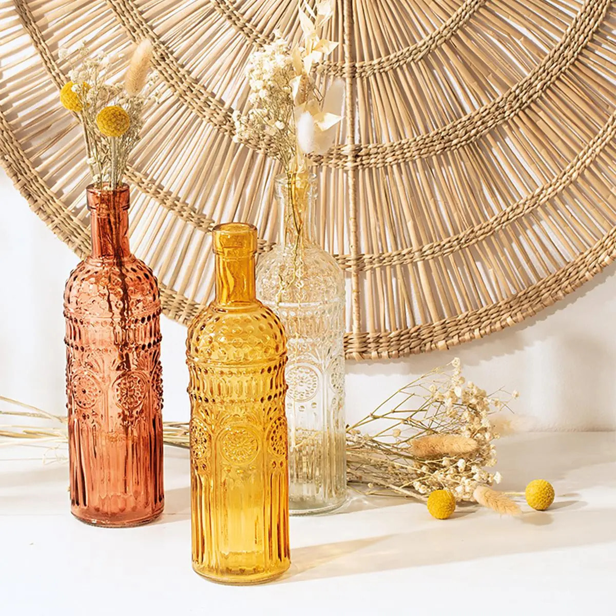 Set de 3 bouteilles "Folk" verre D6,8cm