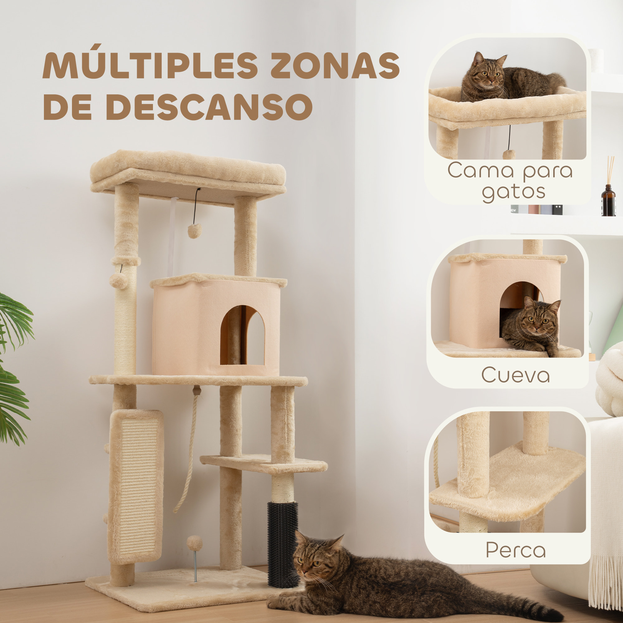 Árbol Rascador para Gatos Grande Altura 132 cm Árbol para Gatos Torre para Gatos con Plataformas Poste con Cepillo Bolas Colgantes y Almohadilla para Rascar Beige