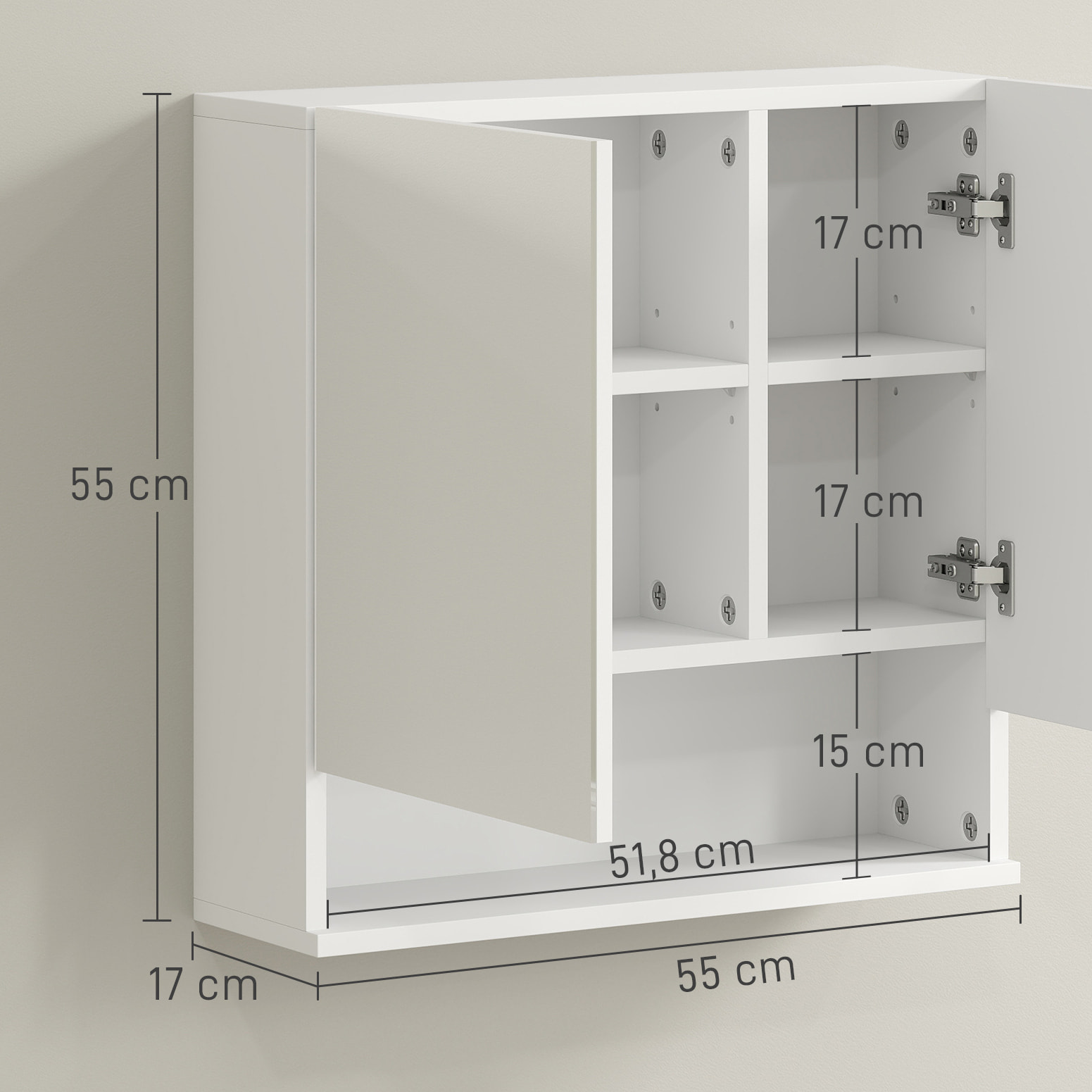 Armoire miroir de salle de bain - 2 portes, 2 étagères, niche - blanc