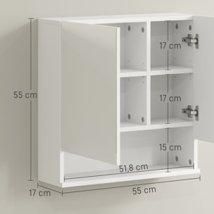 Armoire miroir de salle de bain - 2 portes, 2 étagères, niche - blanc