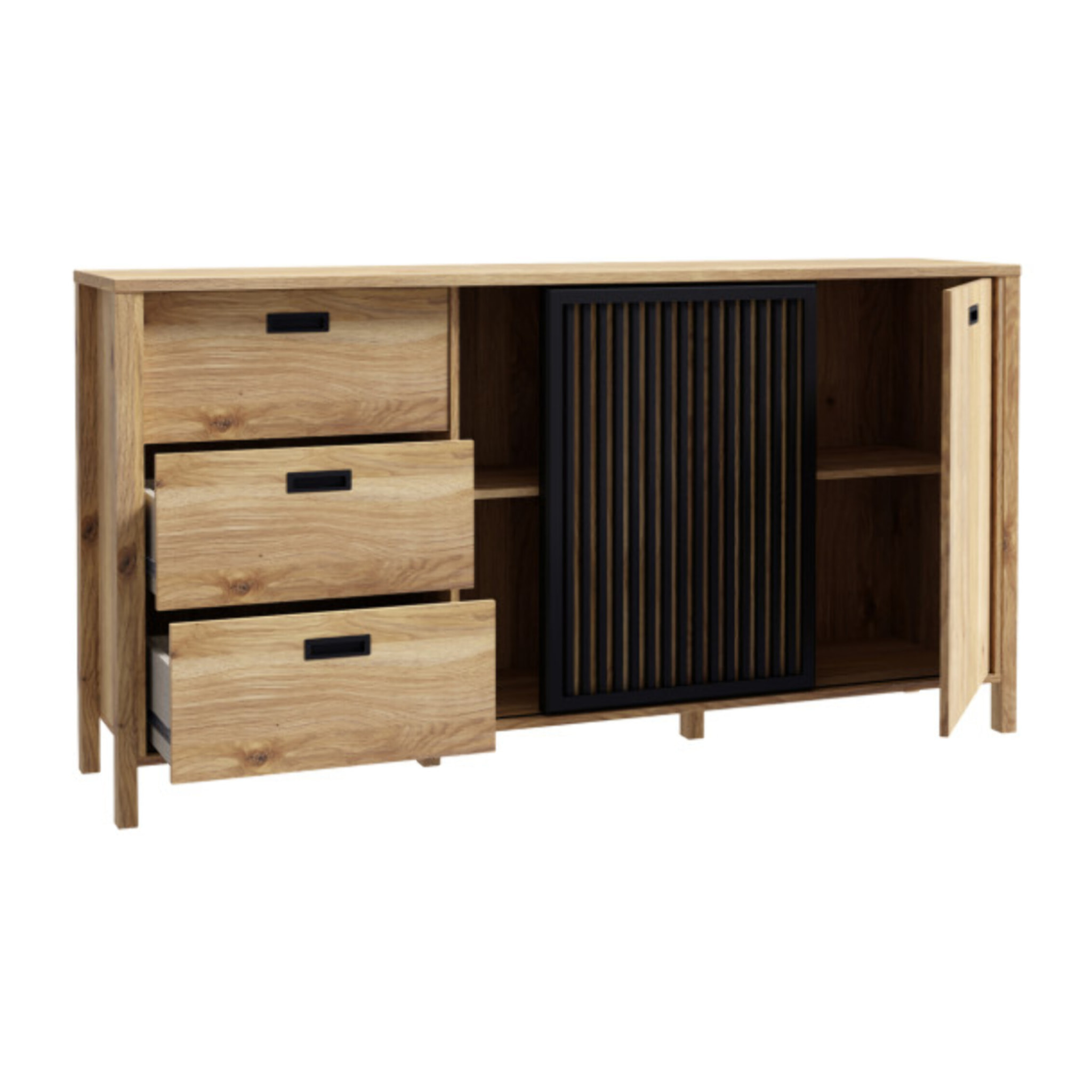 Buffet L175 cm 3 tiroirs 2 portes décor bois chêne et noir - BOSTON