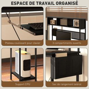 Bureau d'angle réversible design - multi-rangement - prise et port USB - métal effet bois noir