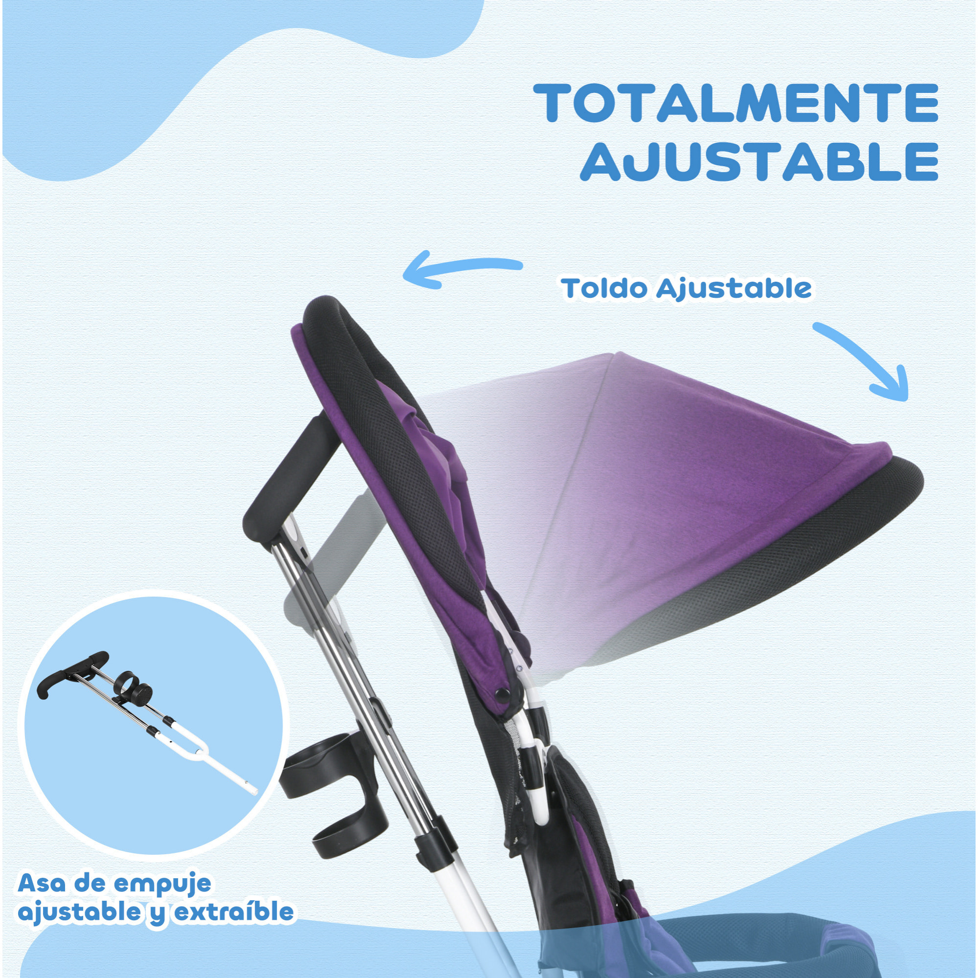 Triciclo Evolutivo para Bebés 6 en 1 Triciclo para Niños de 1-5 Años Bicicleta para Niños con Toldo Plegable Mango Telescópico Desmontable Cinturón de Seguridad y Cesto 95x50x106 cm Violeta