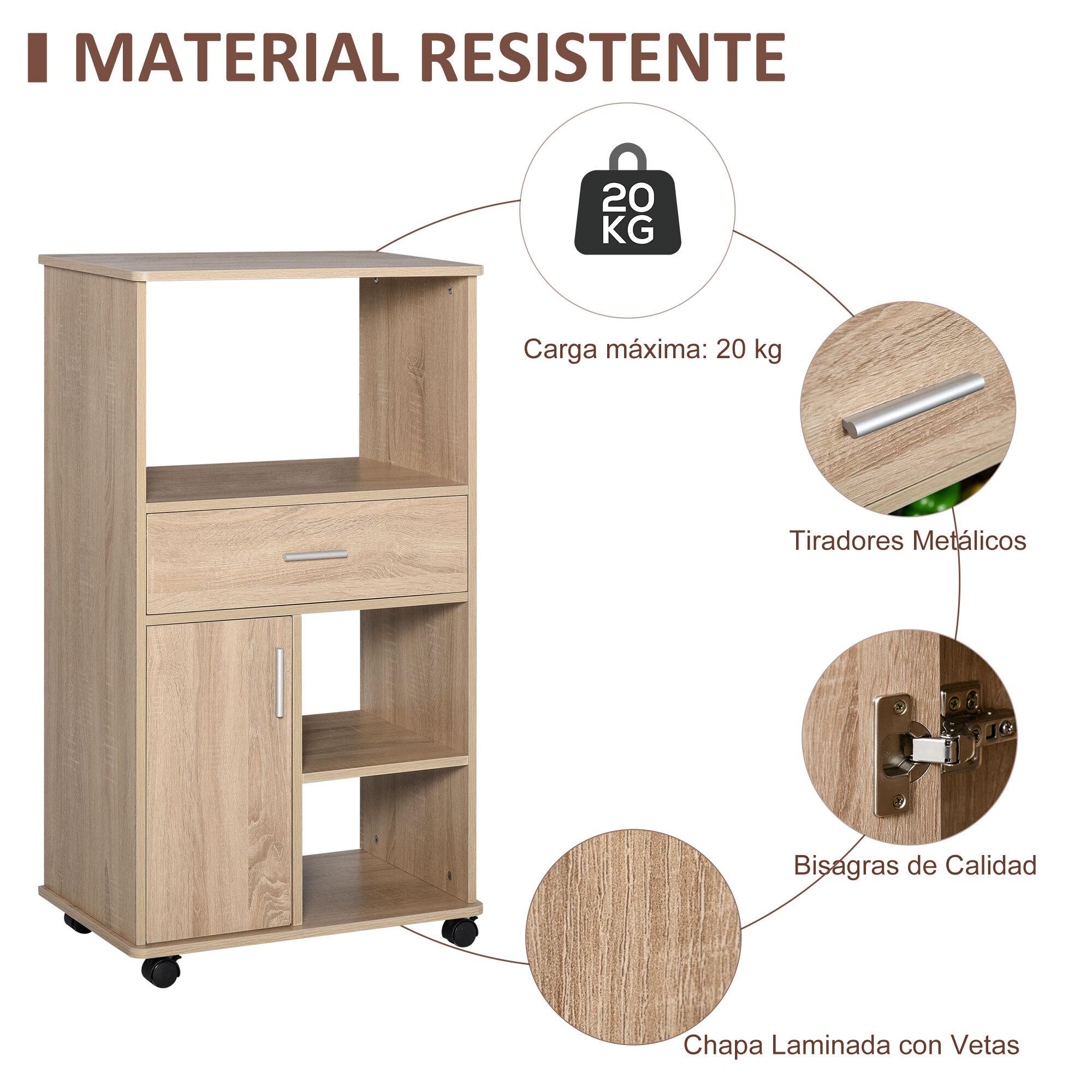 Carro de Cocina para Microondas con 4 Ruedas y Frenos Cajón Estantes 60x40x108cm