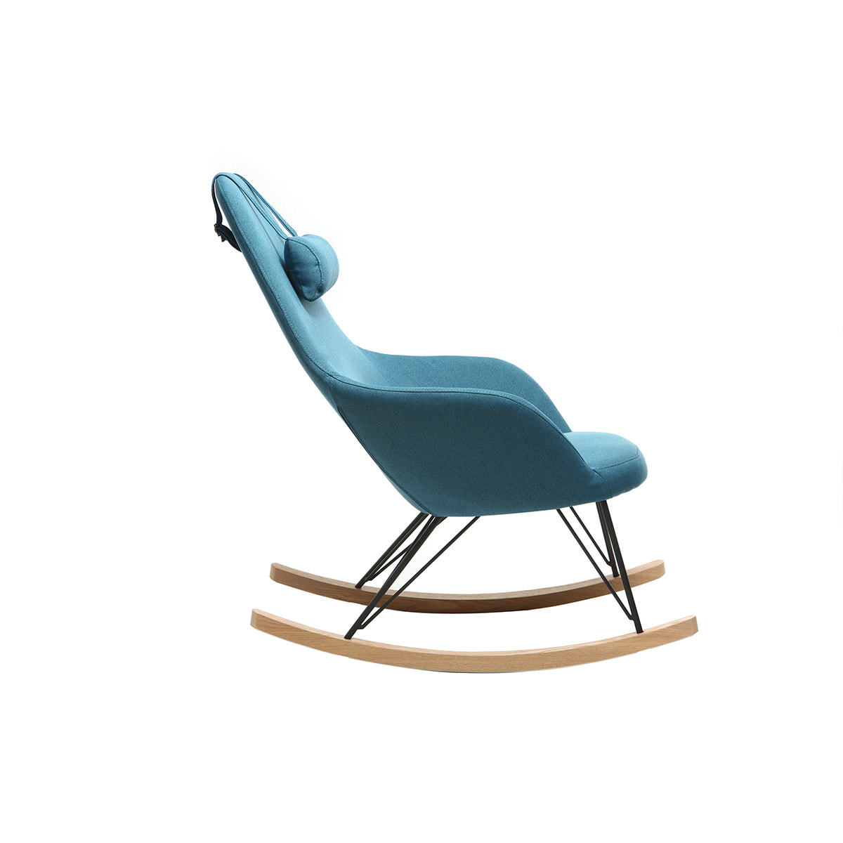 Rocking chair scandinave en tissu bleu canard, métal noir et bois clair JHENE