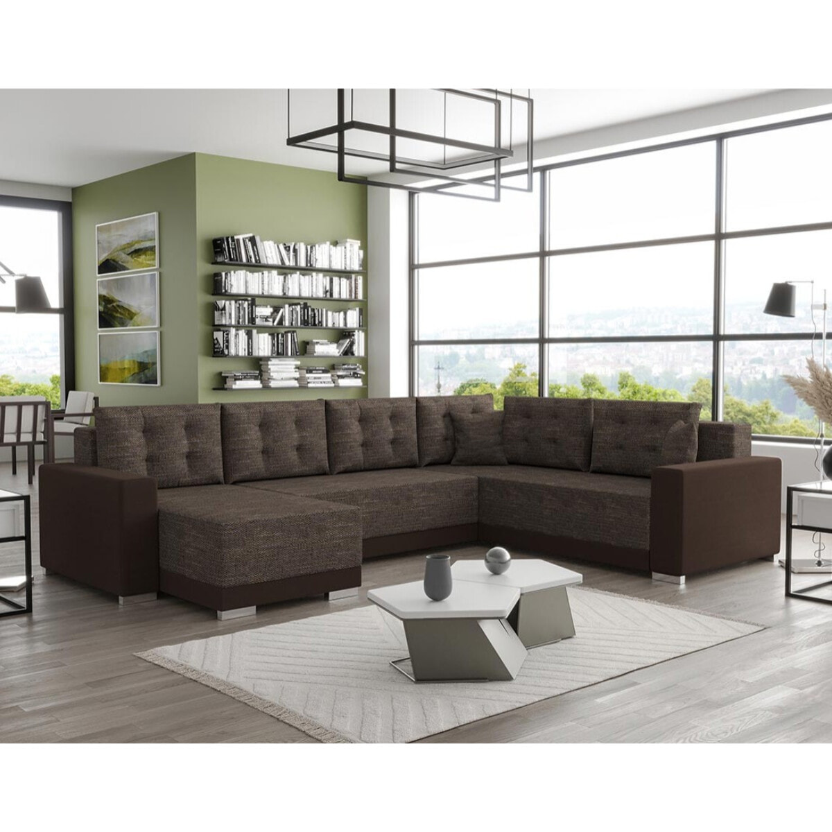 Roger - Canapé panoramique d'angle réversible 7 places convertible avec coffre en tissu - Marron