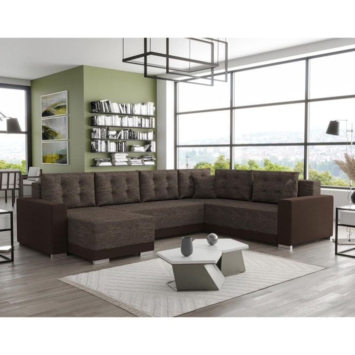 Roger - Canapé panoramique d'angle réversible 7 places convertible avec coffre en tissu - Marron