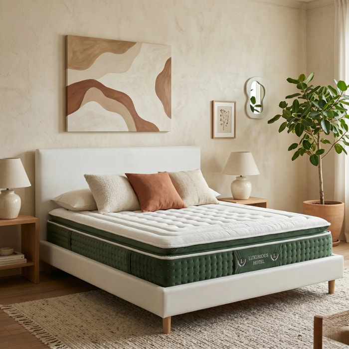 Ensemble matelas Jade & lit fixe Colisée | Mémoire de forme et ressorts ensachés | cadre à lattes | Simili cuir | Blanc