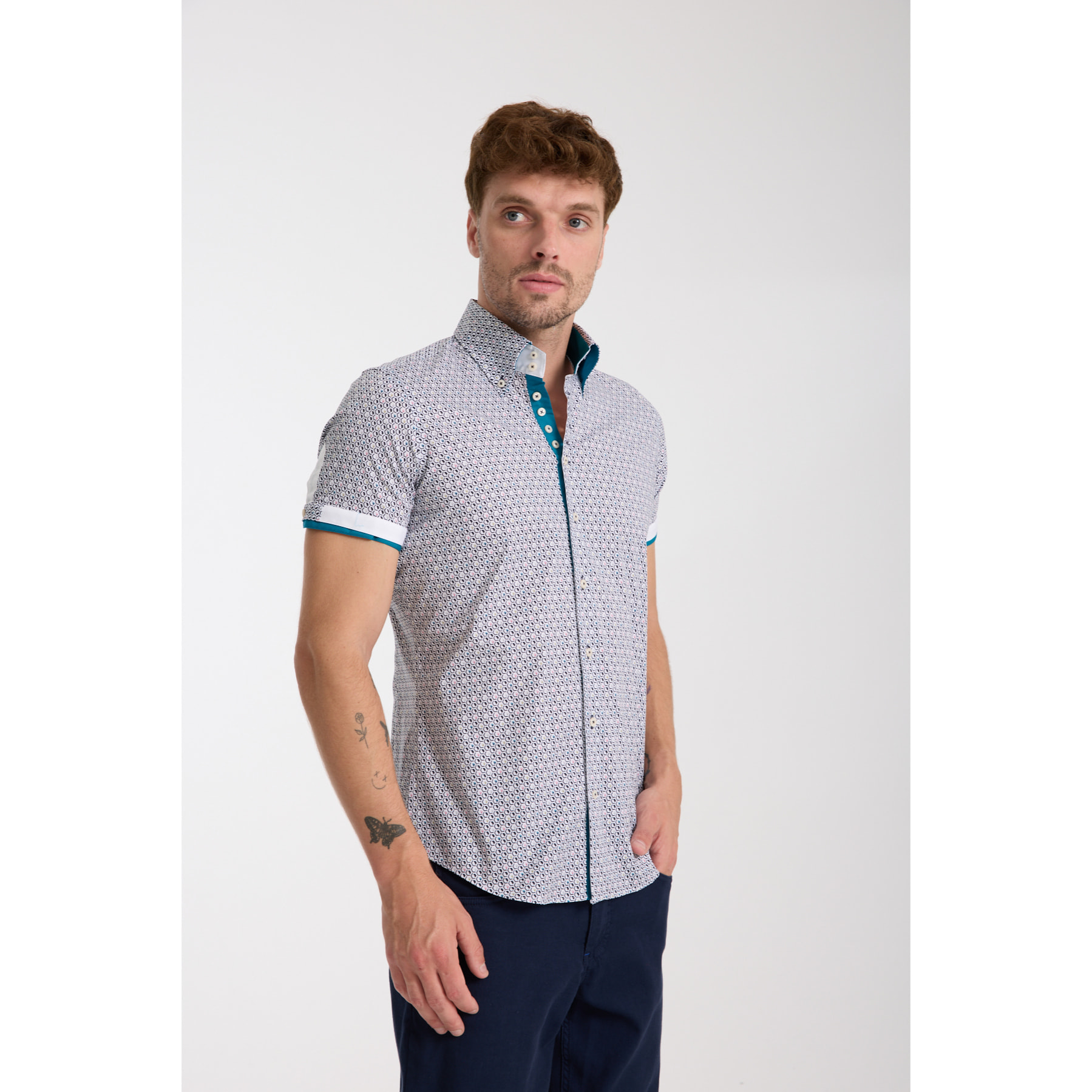 Camicia Uomo Manica Corta 2 Bottoni Button Down 7 Botto Popeline Stretch Stampato Bianco e Blu