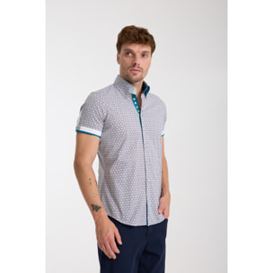 Camicia Uomo Manica Corta 2 Bottoni Button Down 7 Botto Popeline Stretch Stampato Bianco e Blu