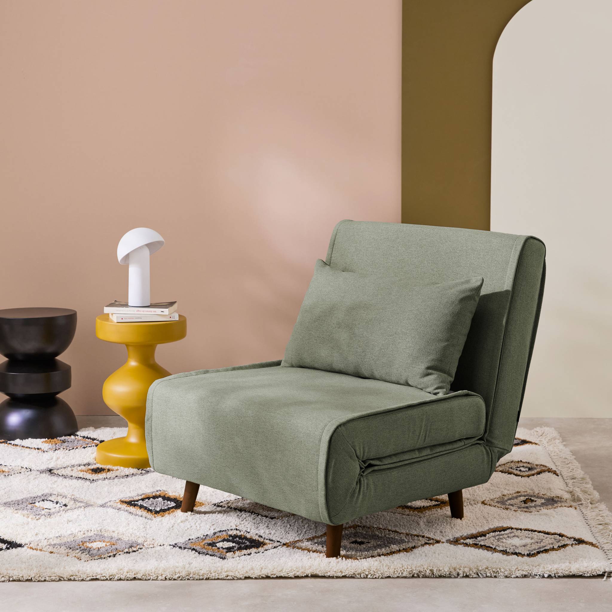 Chauffeuse convertible tissu piétement bois 1 place kaki Guest