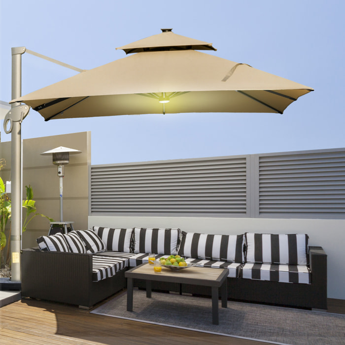 Parasol déporté LED carré double toit inclinable pivotant 360° manivelle piètement acier dim. 3L x 3l x 2,66H m beige