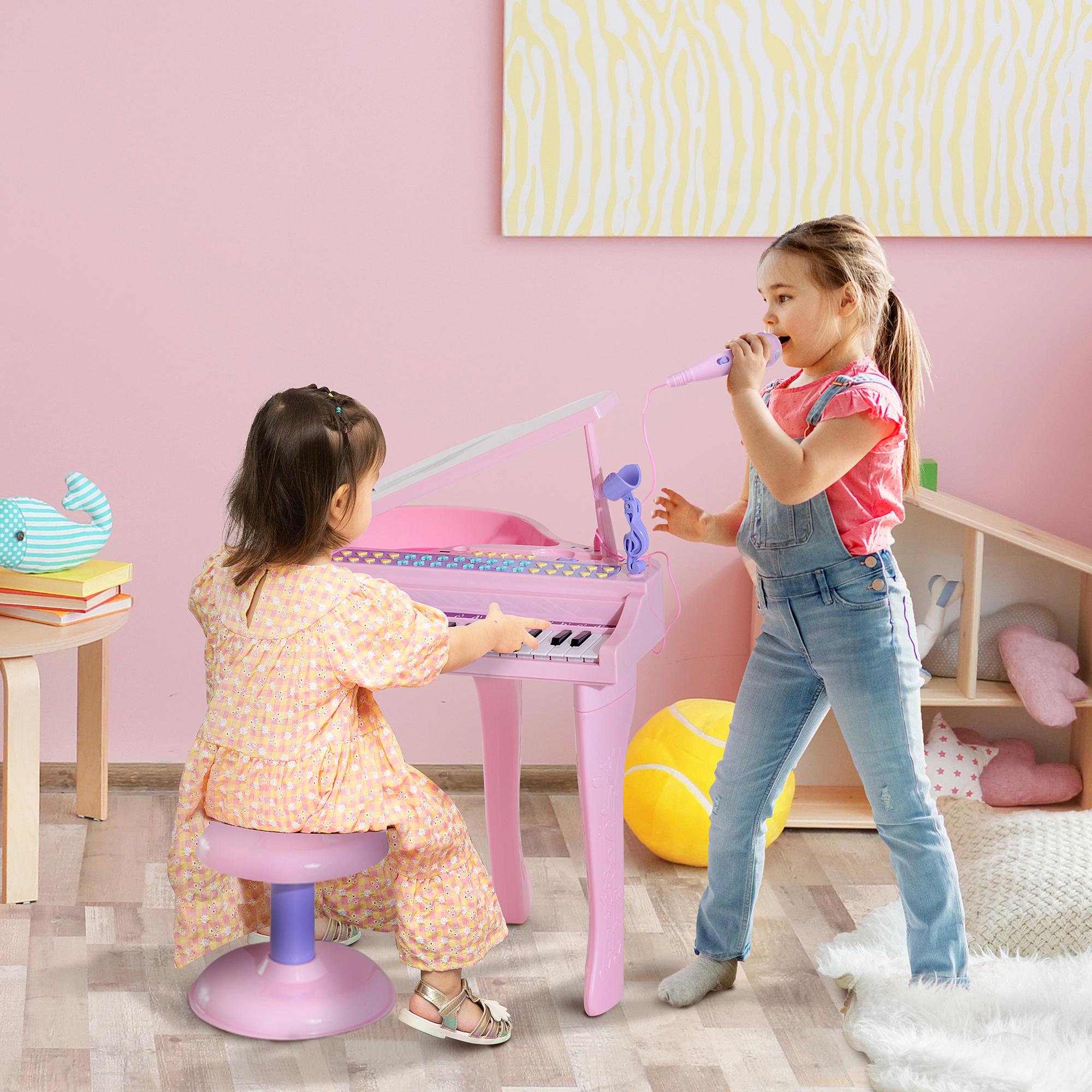 Piano Infantil 37 Teclas Teclado Electrónico Juego de Piano con Micrófono Taburete Luces y 22 Canciones USB/MP3 Karaoke Modo de Enseñanza Rosa