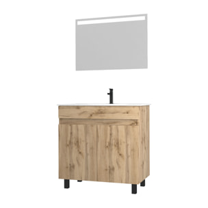 Meuble salle de bain 80x80 -Finition chene naturel + vasque blanche + miroir Led- TIMBER 80 - Pack26