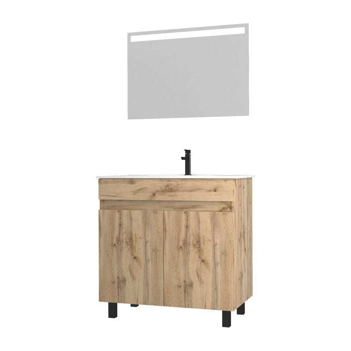 Meuble salle de bain 80x80 -Finition chene naturel + vasque blanche + miroir Led- TIMBER 80 - Pack26