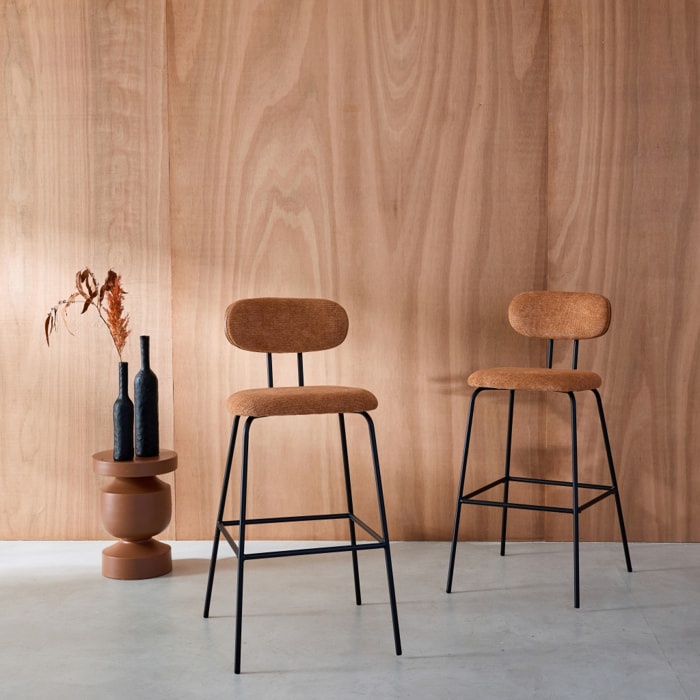 Tabouret de bar décor bois courbé teinté noyer et tissu déperlant pieds métal noir 76,5cm (lot de 2) ERIN