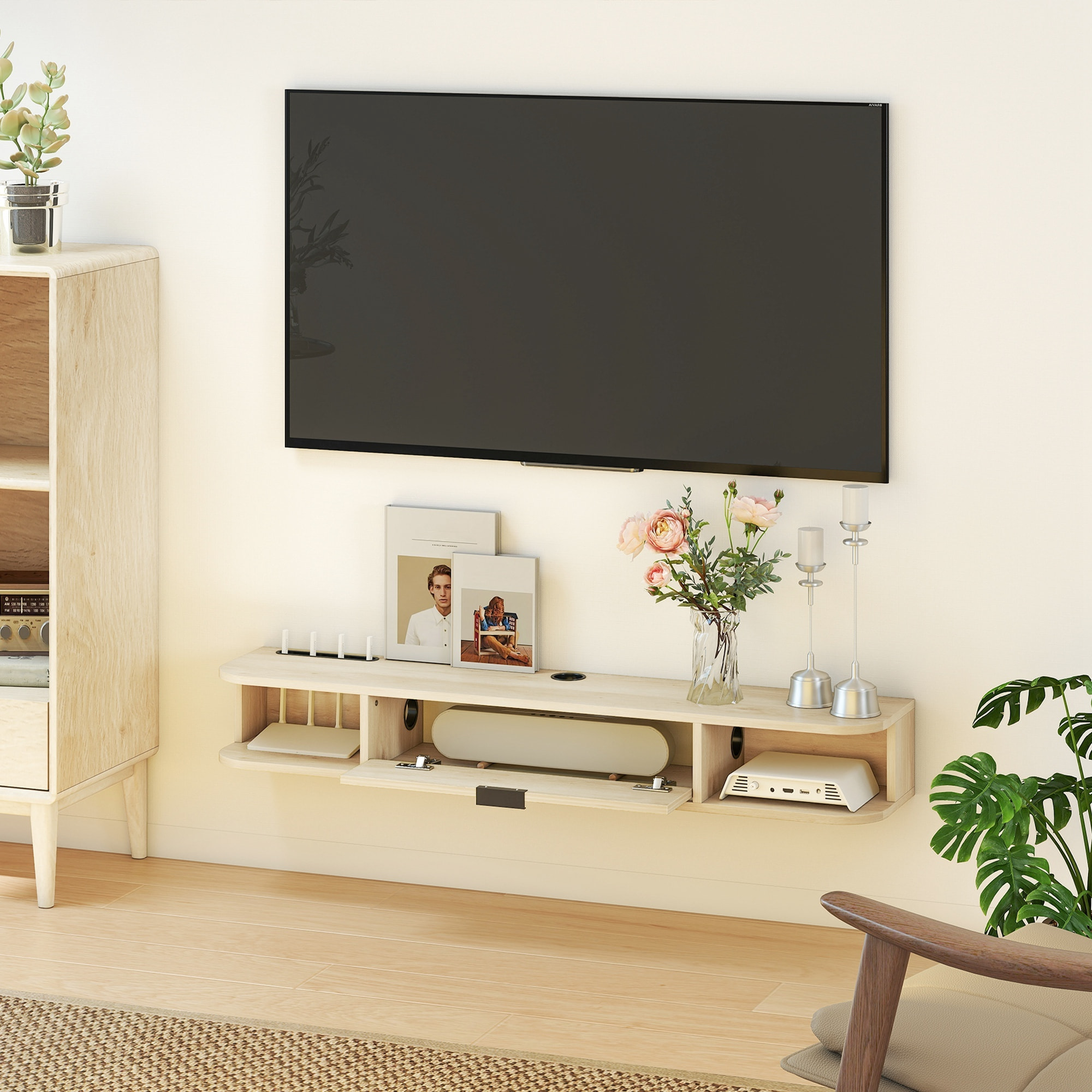Mueble de TV Suspendido, Mueble de TV para Salón con Cajón Abatible, 2 Estantes Abiertos, Gestión de Cables, Estilo Moderno, para Televisión 50 Pulgadas, 120x24x16 cm, Madera Natural