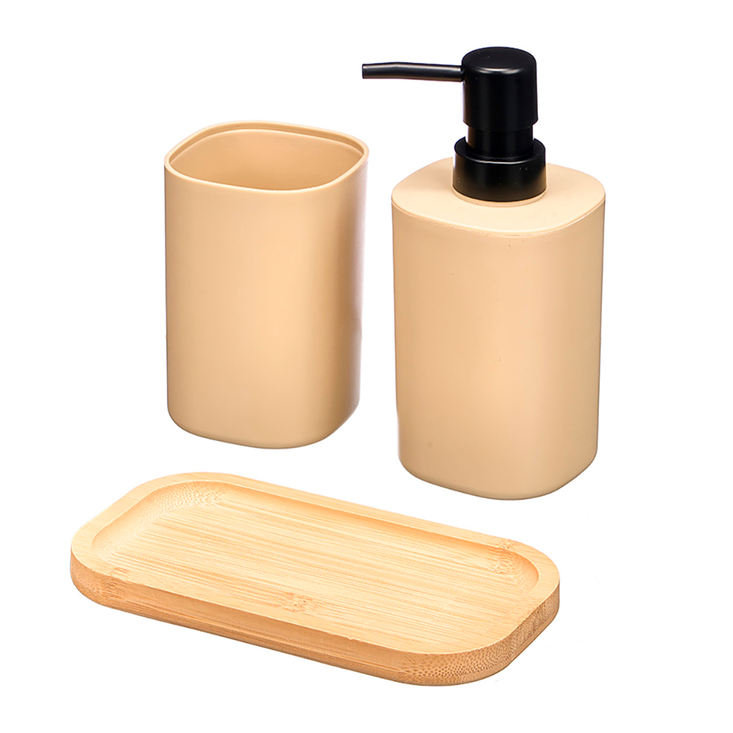Set de dosificador y vaso beige con base de bambu.