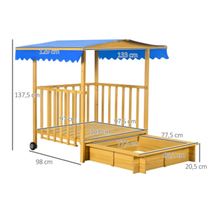 Arenero para Niños Veranda de Madera con Techo y Ruedas Cajón de Arena Juego para Niños de 3-8 Años para Jardín Patio 133x129x137,5 cm Natural