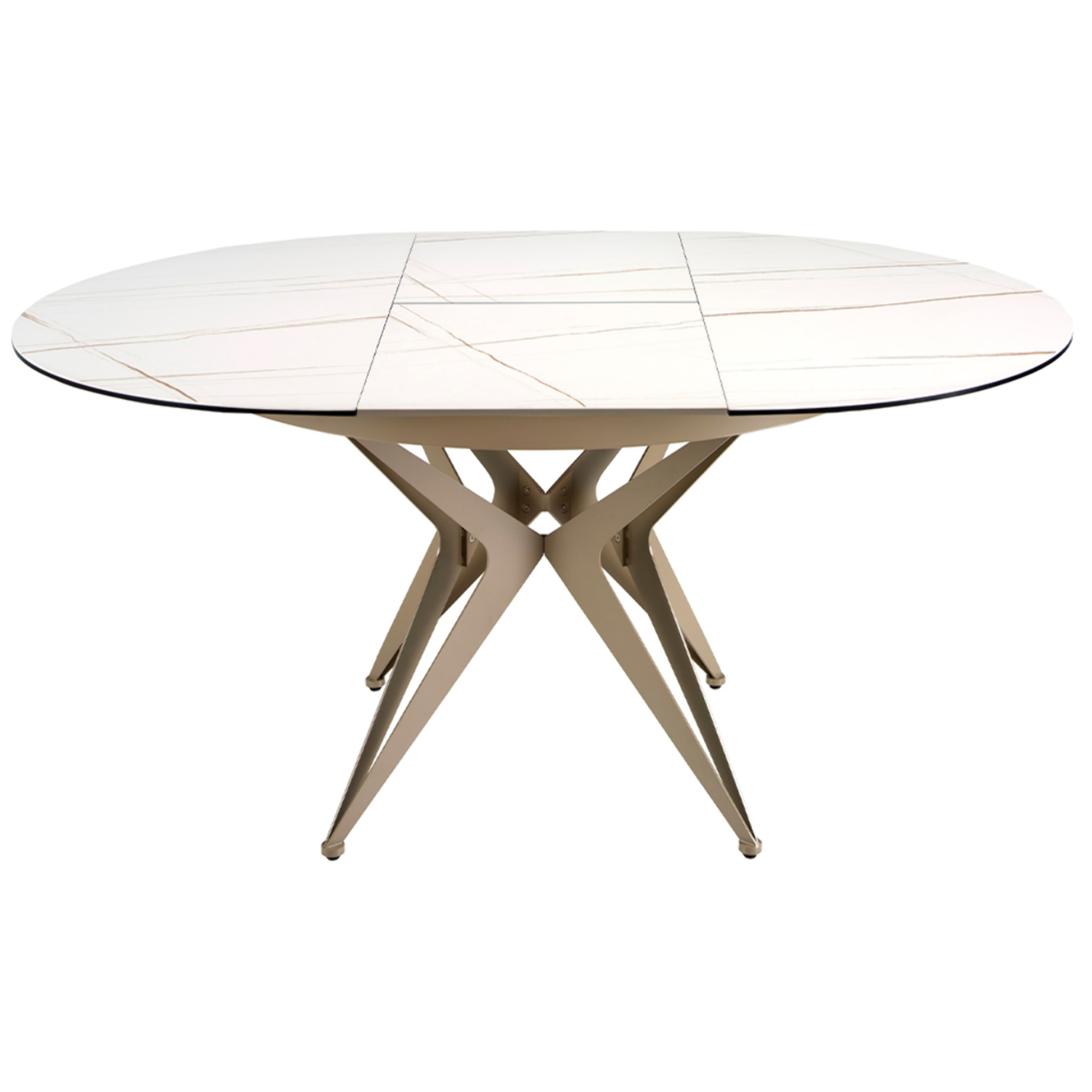 Mesa comedor extensible redonda con tapa de mármol porcelánico blanco con vetas marrones en acabado mate 120x120x77cm