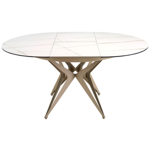 Mesa comedor extensible redonda con tapa de mármol porcelánico blanco con vetas marrones en acabado mate 120x120x77cm