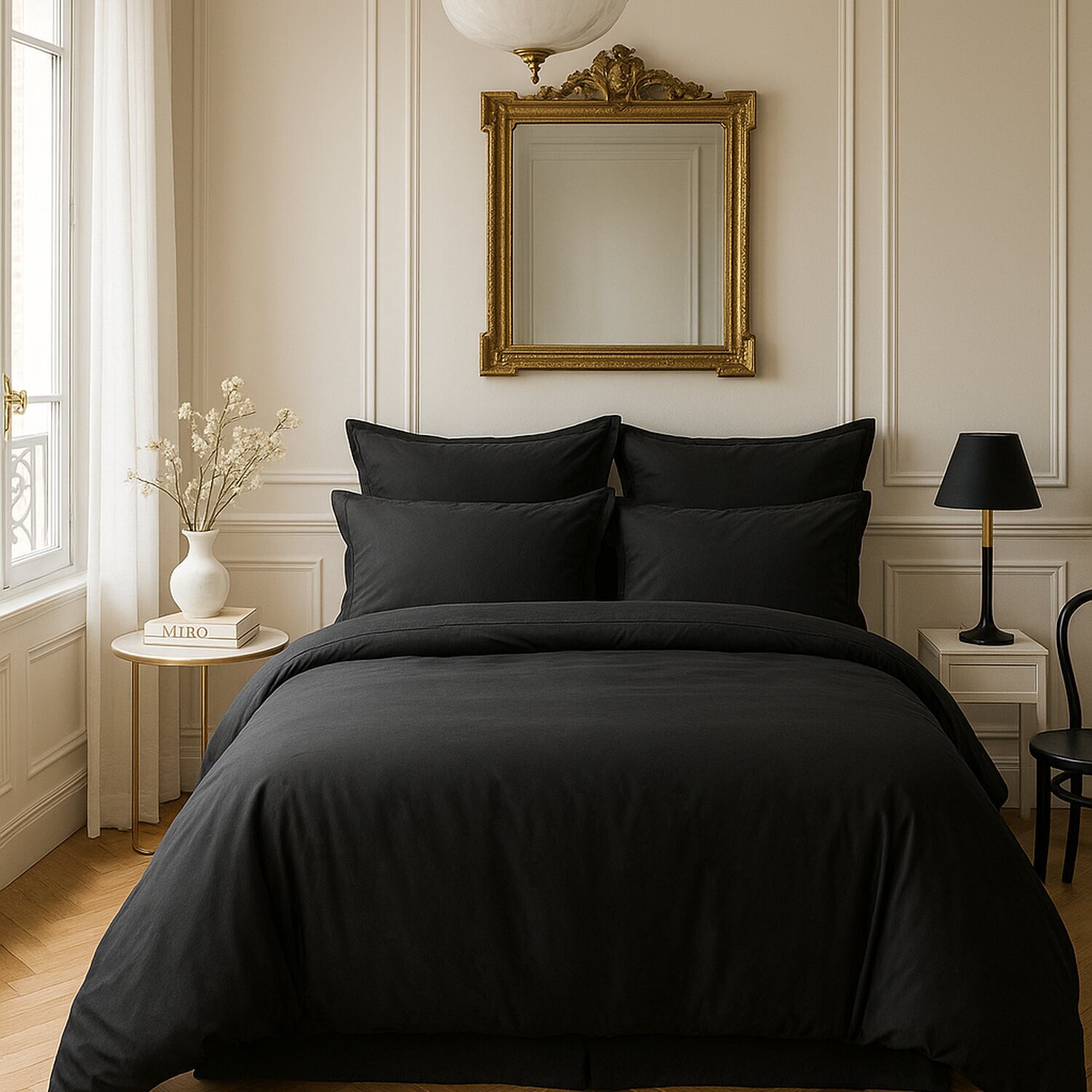 Paire de taies d'oreiller 100% satin de coton lavé 105 fils noir