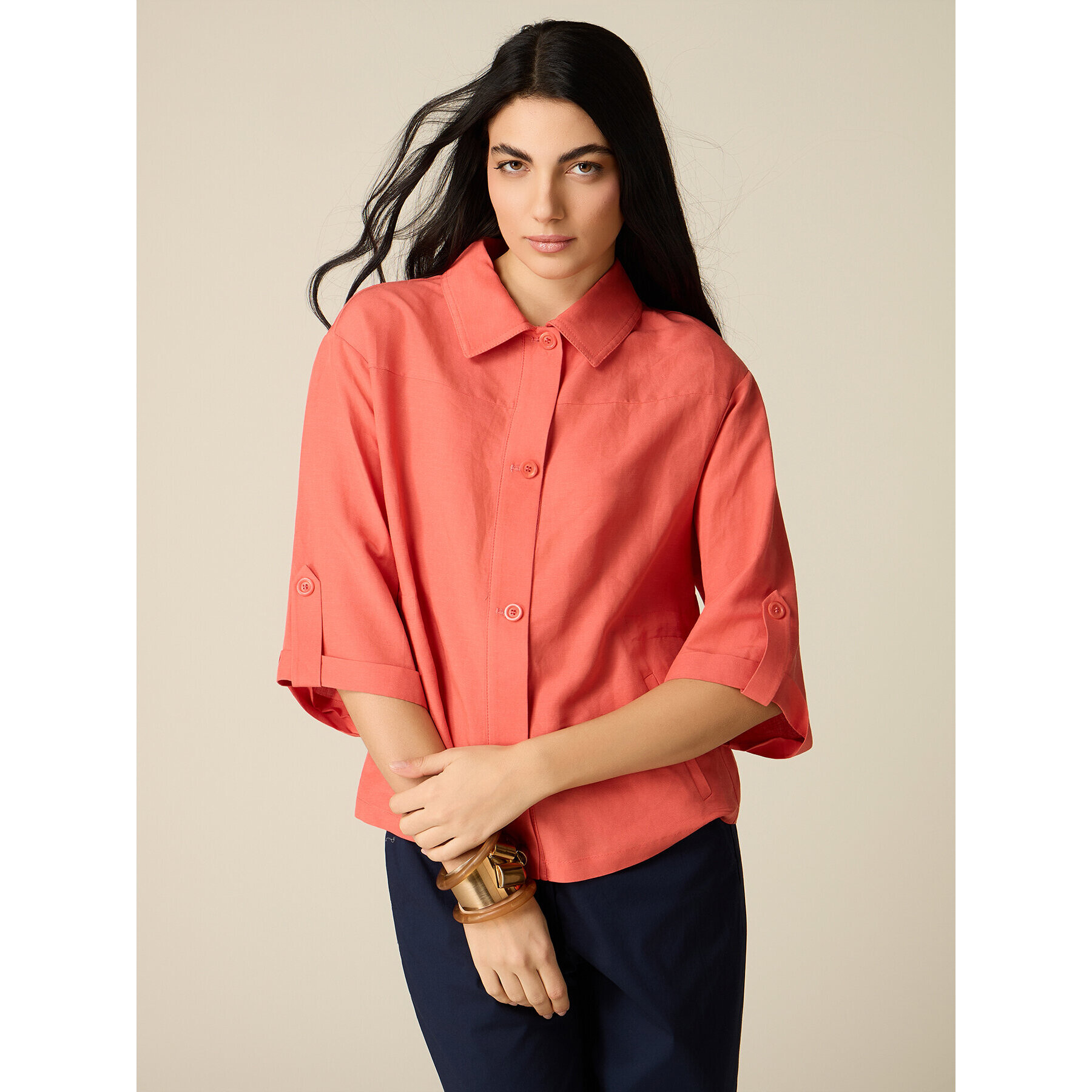 Oltre - Chaqueta camisa mezcla de lino - Naranja sol