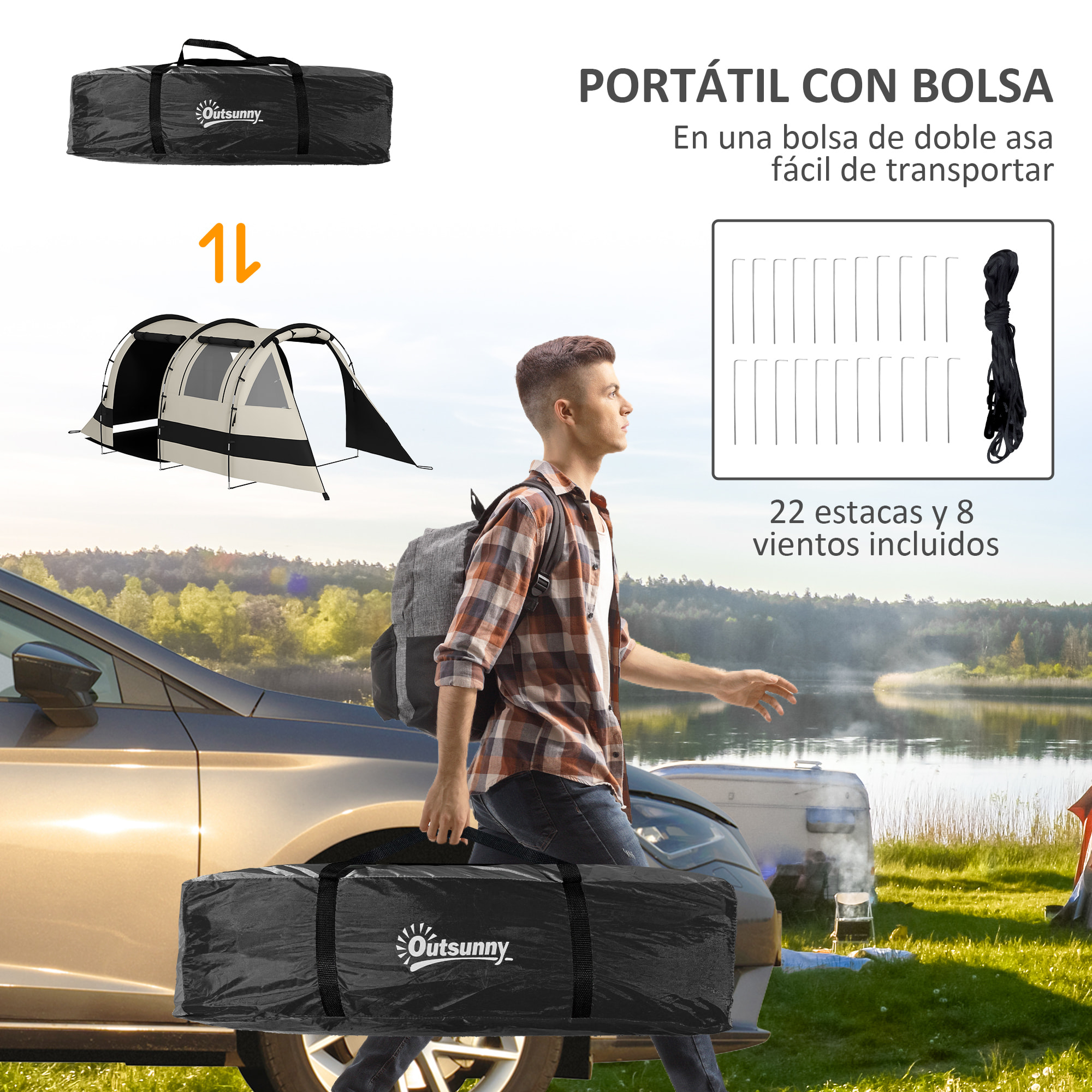 Tienda de Campaña Familiar para 4-5 Personas Tienda de Camping Plegable con 2 Habitaciones 5 Puertas y Bolsa de Transporte Impermeable para Senderismo 460x230x180 cm Caqui