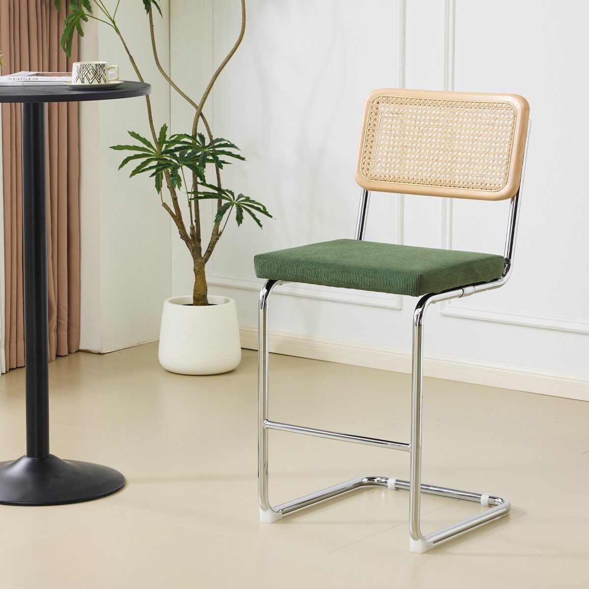 Lot de 2 tabourets de bar en cannage et velours côtelé - MUSE