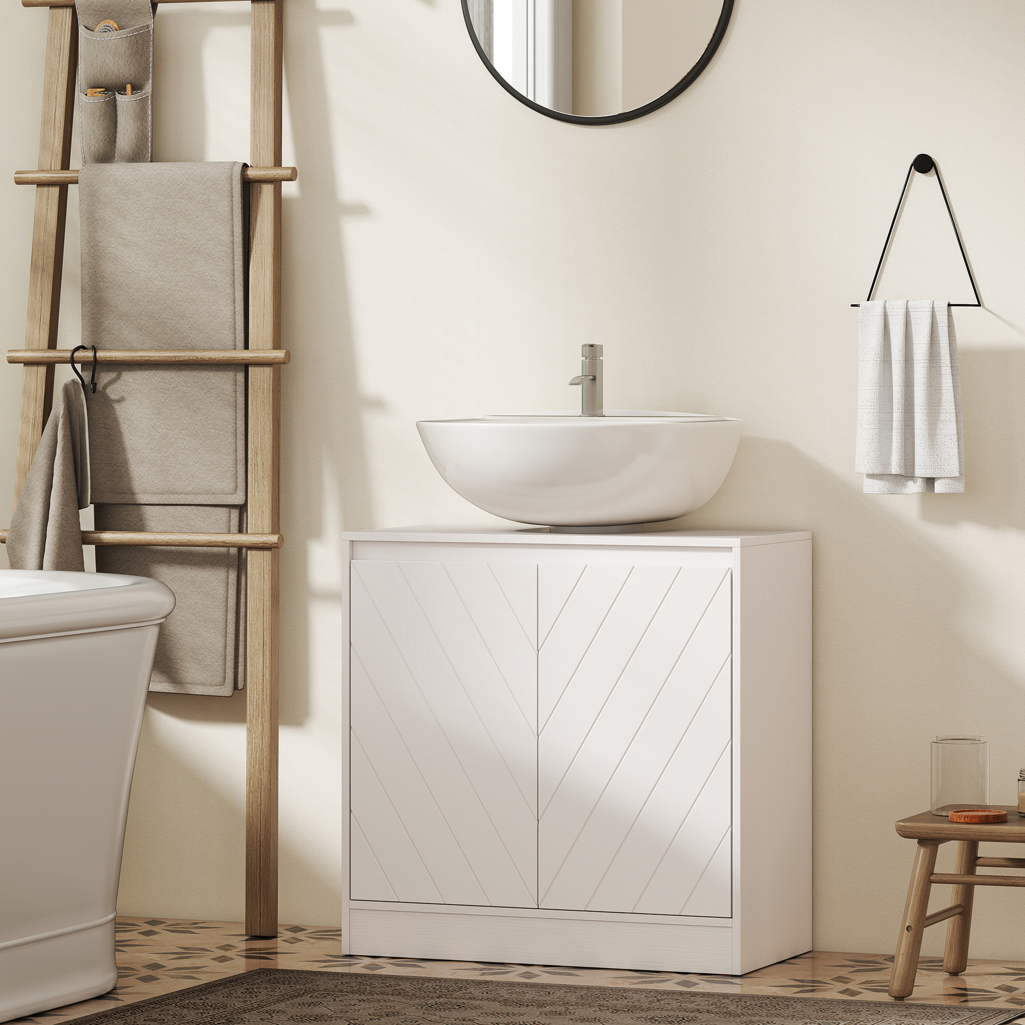 Mueble Bajo Lavabo, Mueble de Baño con 2 Puertas y Estante Ajustable, Armario de Baño para Lavabos con o sin Pedestal, Estilo Vintage, 60x30x59,8 cm, Blanco