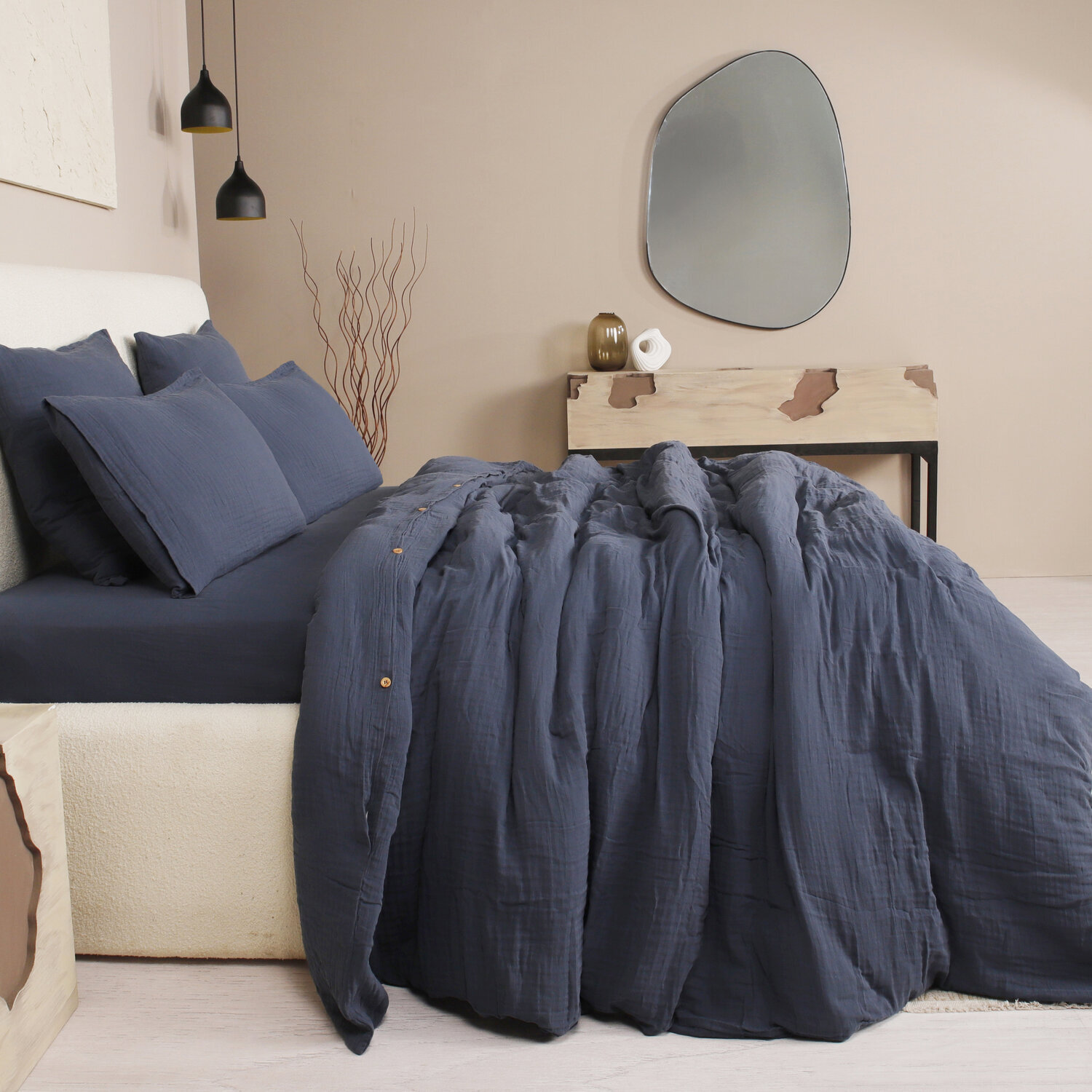 Parure housse de couette gaze de coton lavé bleu petrole