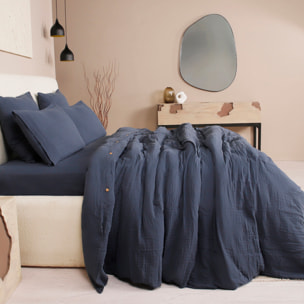 Parure housse de couette gaze de coton lavé bleu petrole