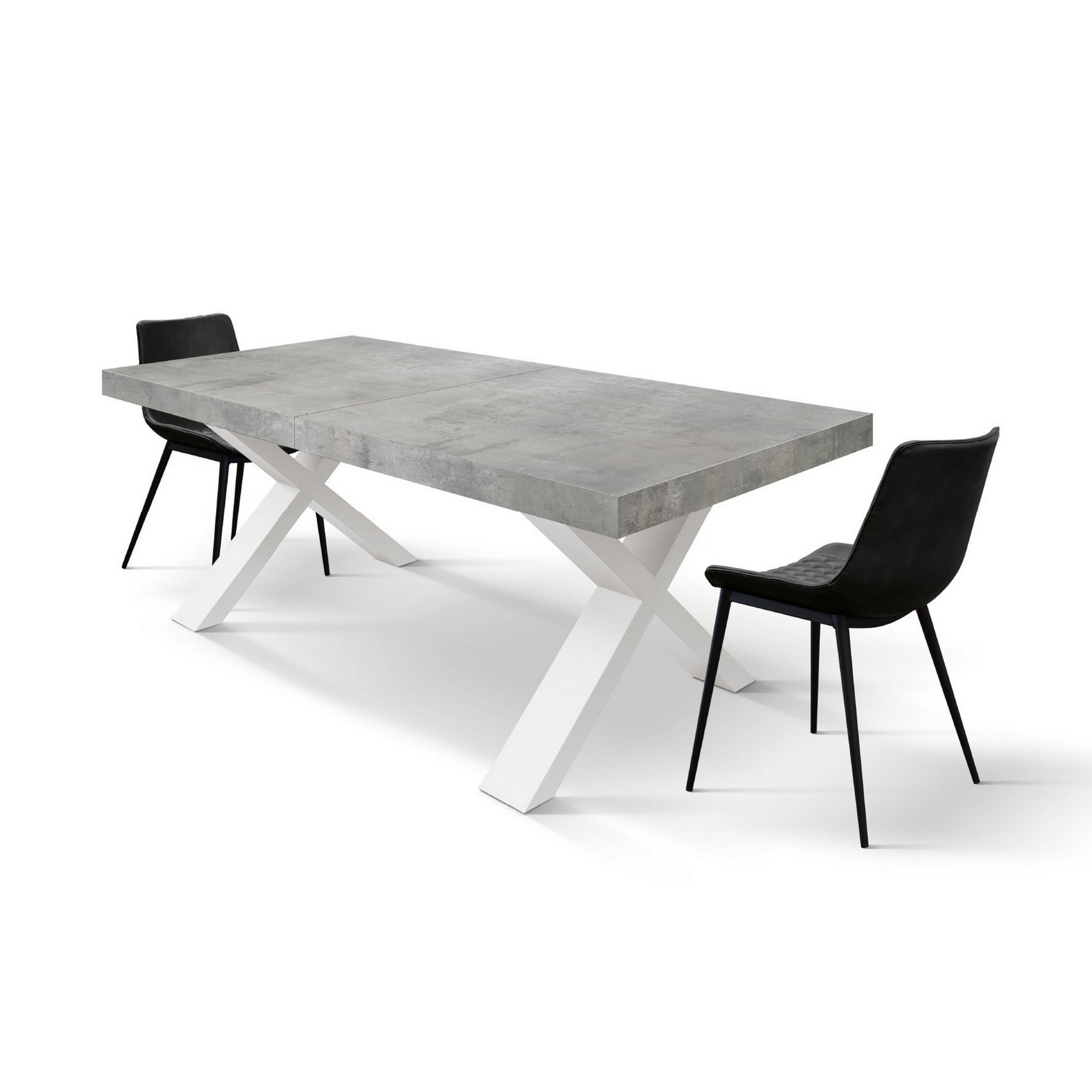 Tavolo allungabile AMALFI in legno grigio cemento e gambe a X bianche, allungabile 180x90 cm - 260x90 cm