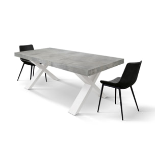 Tavolo allungabile AMALFI in legno grigio cemento e gambe a X bianche, allungabile 180x90 cm - 260x90 cm