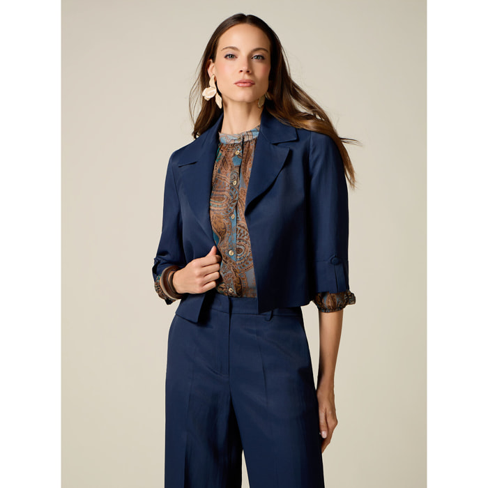 Oltre - Blazer cropped misto lino - Blu