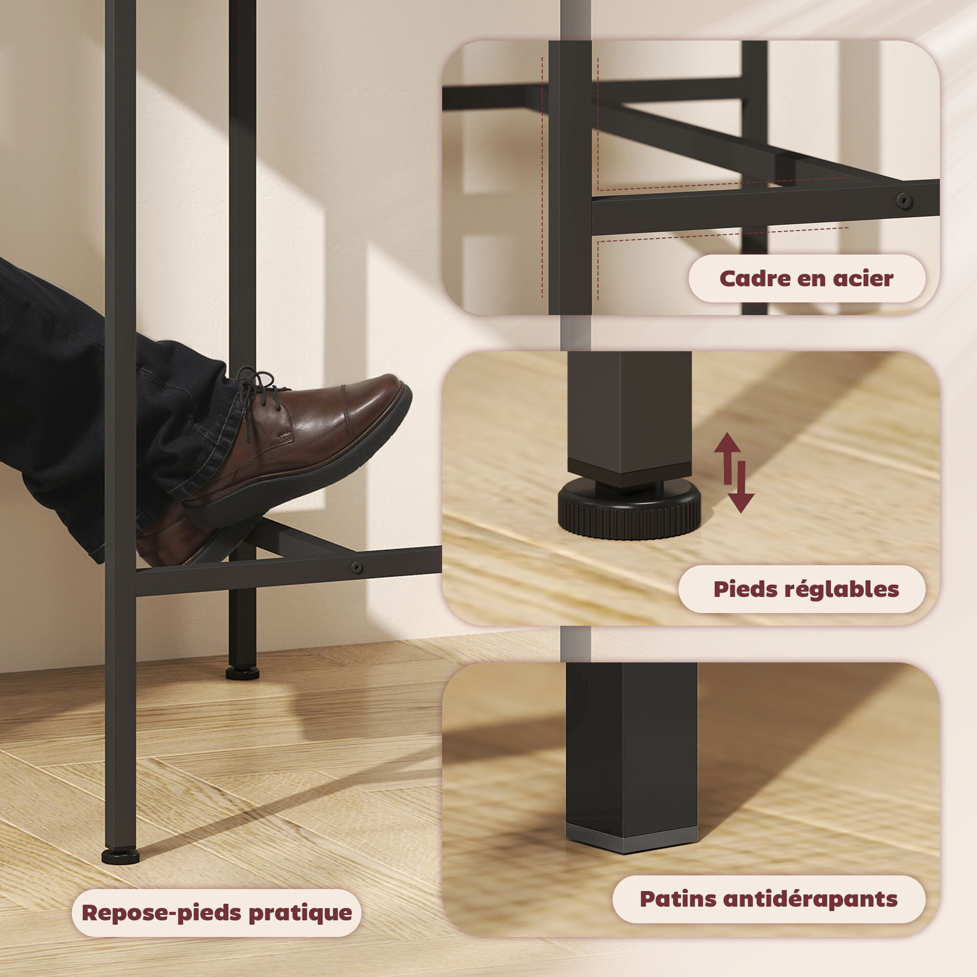Ensemble table de bar avec 2 tabourets acier noir effet bois de chêne clair