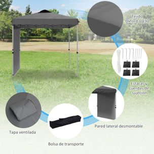 Carpa Plegable 2,5x2,5 m Cenador de Jardín con 1 Pared Lateral Altura Ajustable en 3 Niveles Anti-UV Impermeable y Bolsa de Arena Gazebo para Exterior Camping Fiestas Gris Oscuro