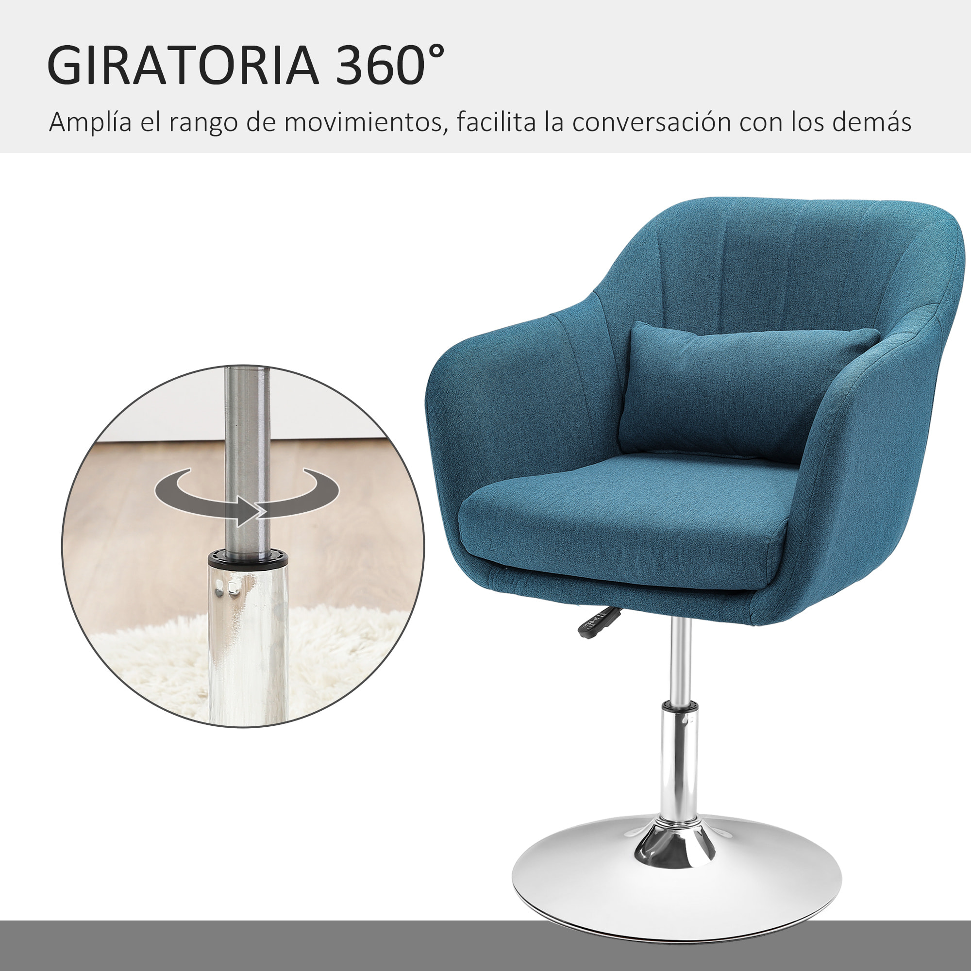 Butaca de Salón Giratoria 360° con Ruedas Silla de Oficina Cocina Peluquería con Altura Ajustable Respaldo Envolvente Reposabrazos y Cojín 60x60x79-91 cm Azul