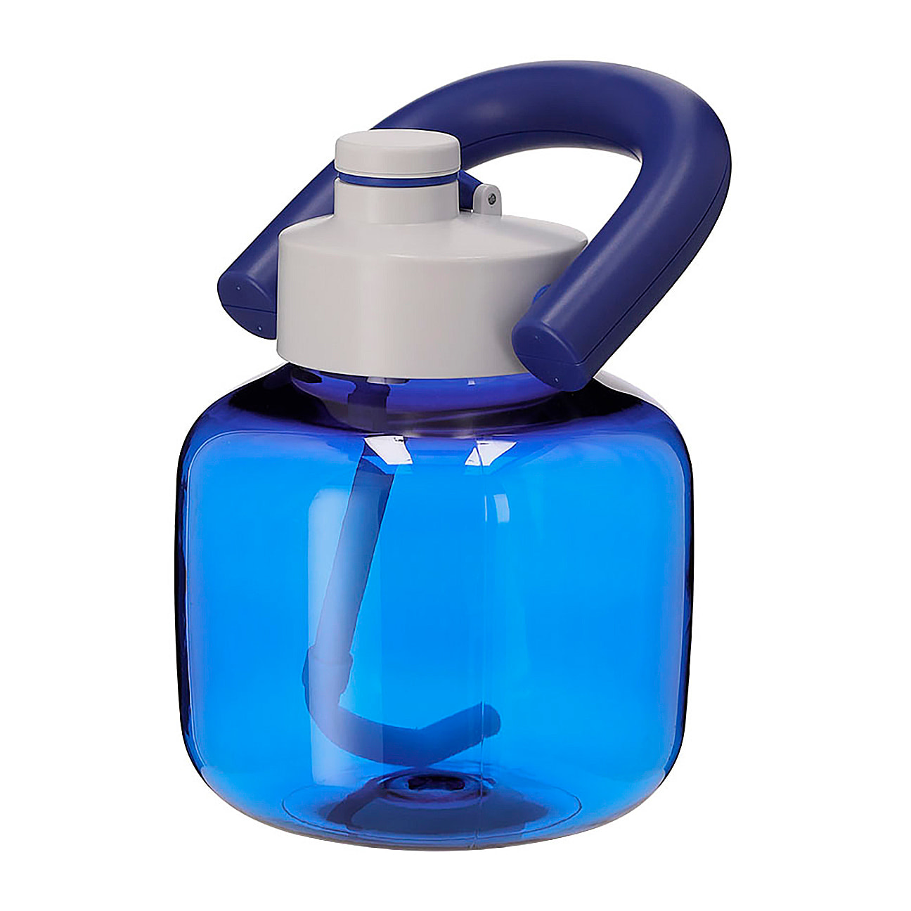 Bidón en resistente RPET con 1,8 L de capacidad. Con original forma de kettlebell. Incluye de cierre a rosca, pajita y firme asa de transporte. Libre de BPA.