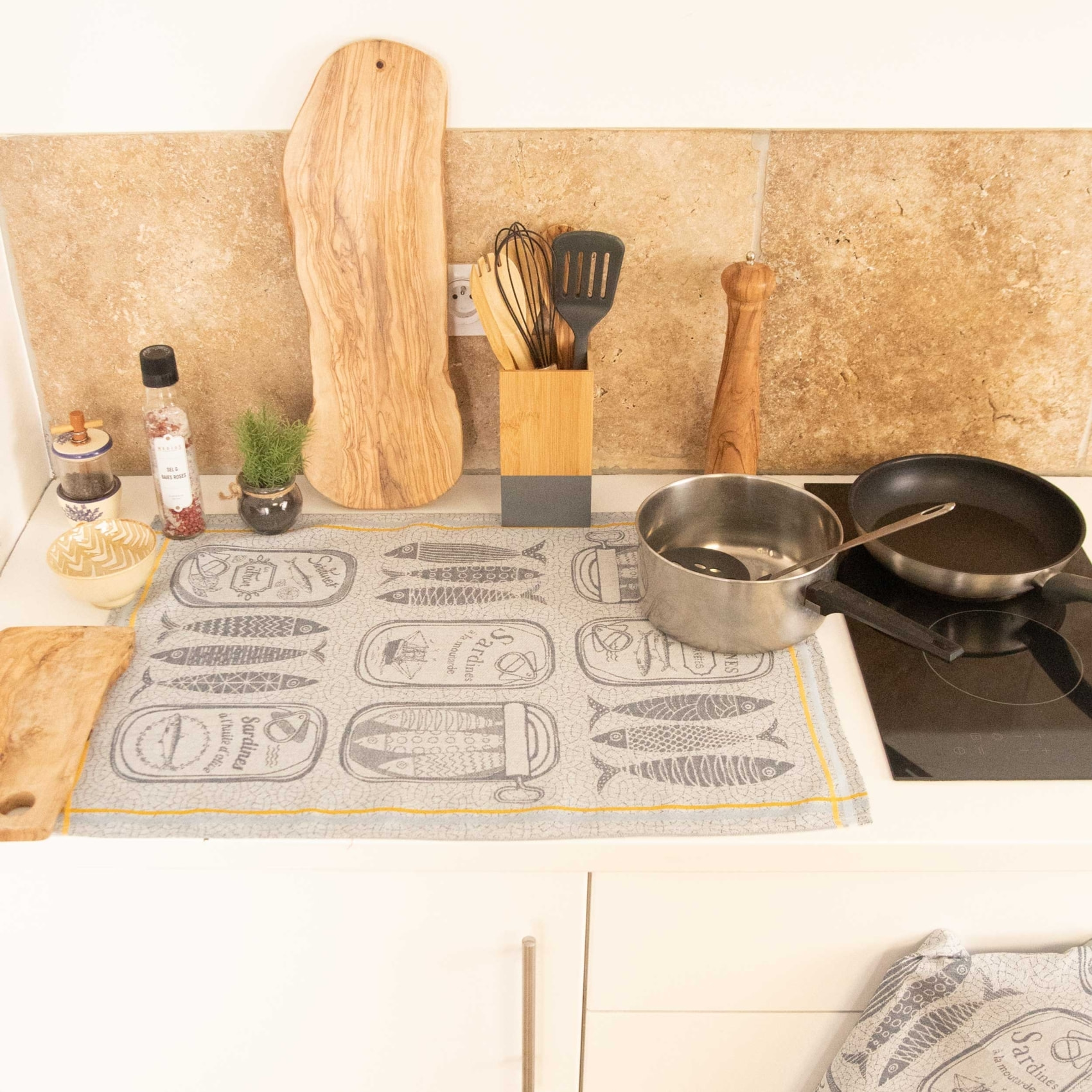 Torchon en coton sardines cuisine - Bleu Marine