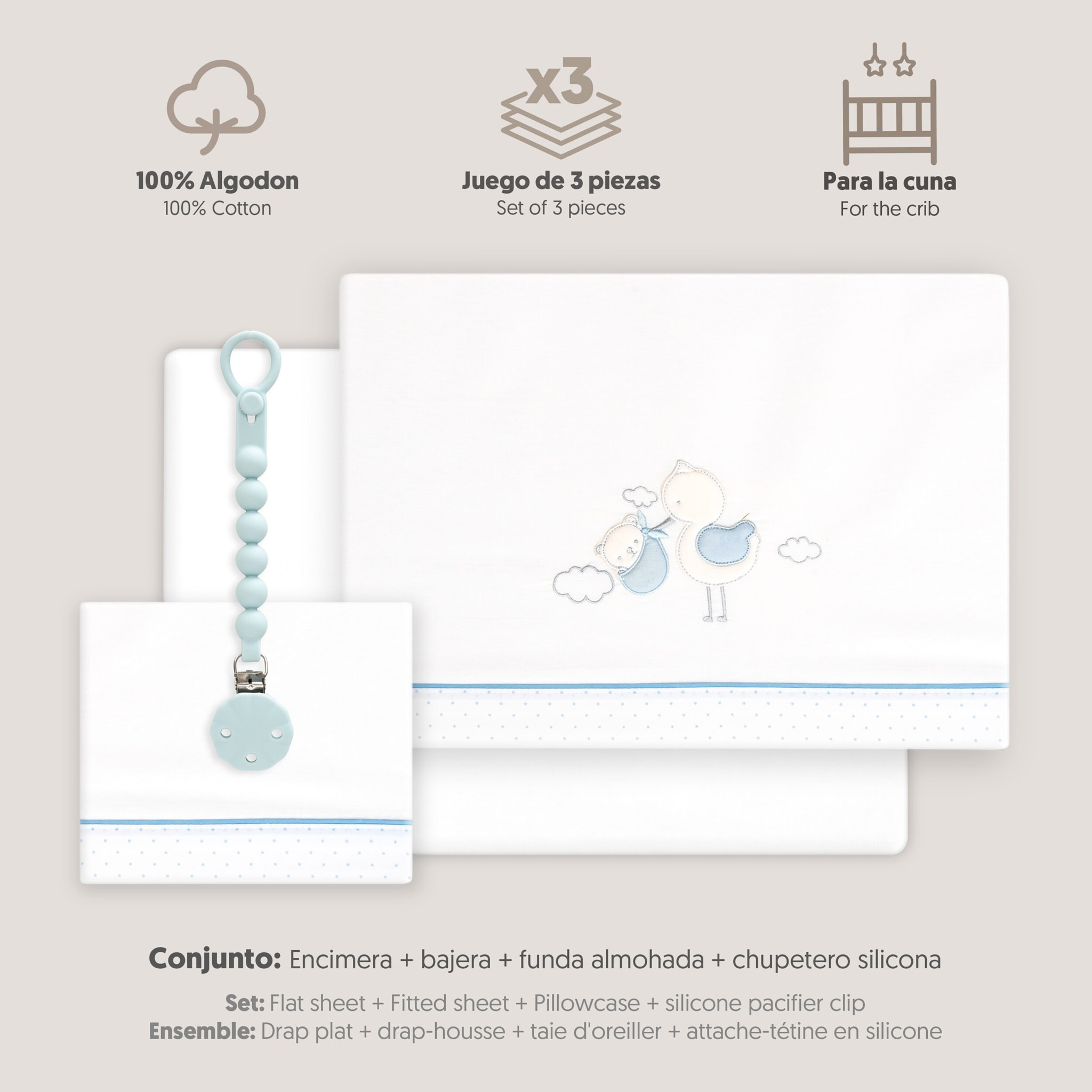 Triptico Cuna Cigueña Oso + Broche Bco/Azul