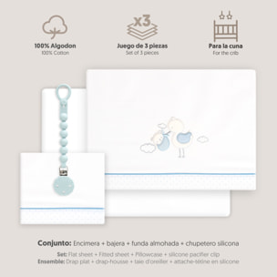 Triptico Cuna Cigueña Oso + Broche Bco/Azul