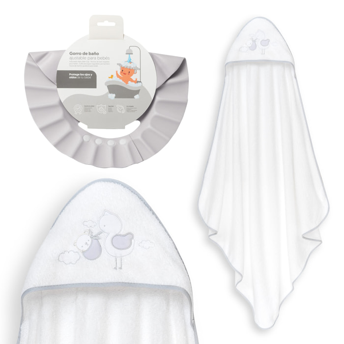 Capa Baño 1X1 Mod Cigueña Oso+Gorro Bco/Gris