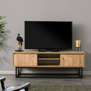 Mobile porta TV Dpirol, Credenza da soggiorno, Armadio basso per TV, Base parete attrezzata, 140x40h50 cm, Nero e Quercia