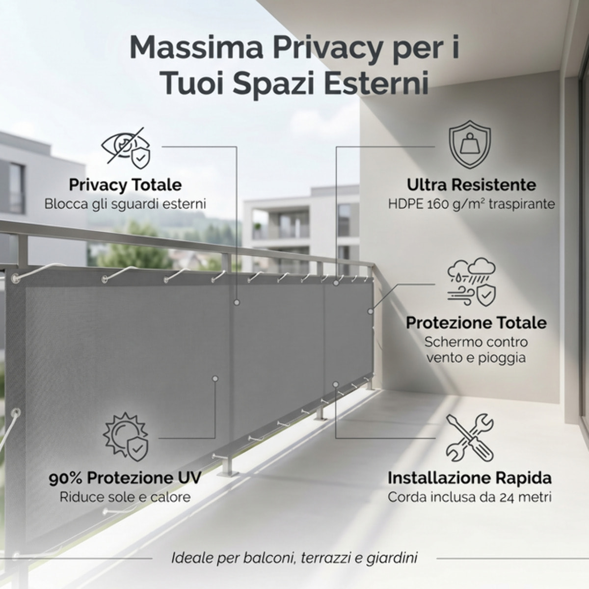 Telo copri balcone frangivento impermeabile 0,9x5 m in HDPE, schermatura privacy oltre 90%, protezione UV 95%, con occhielli e corda, resistente a vento e pioggia, ideale per ringhiera terrazza giardino, facile da installare e durevole