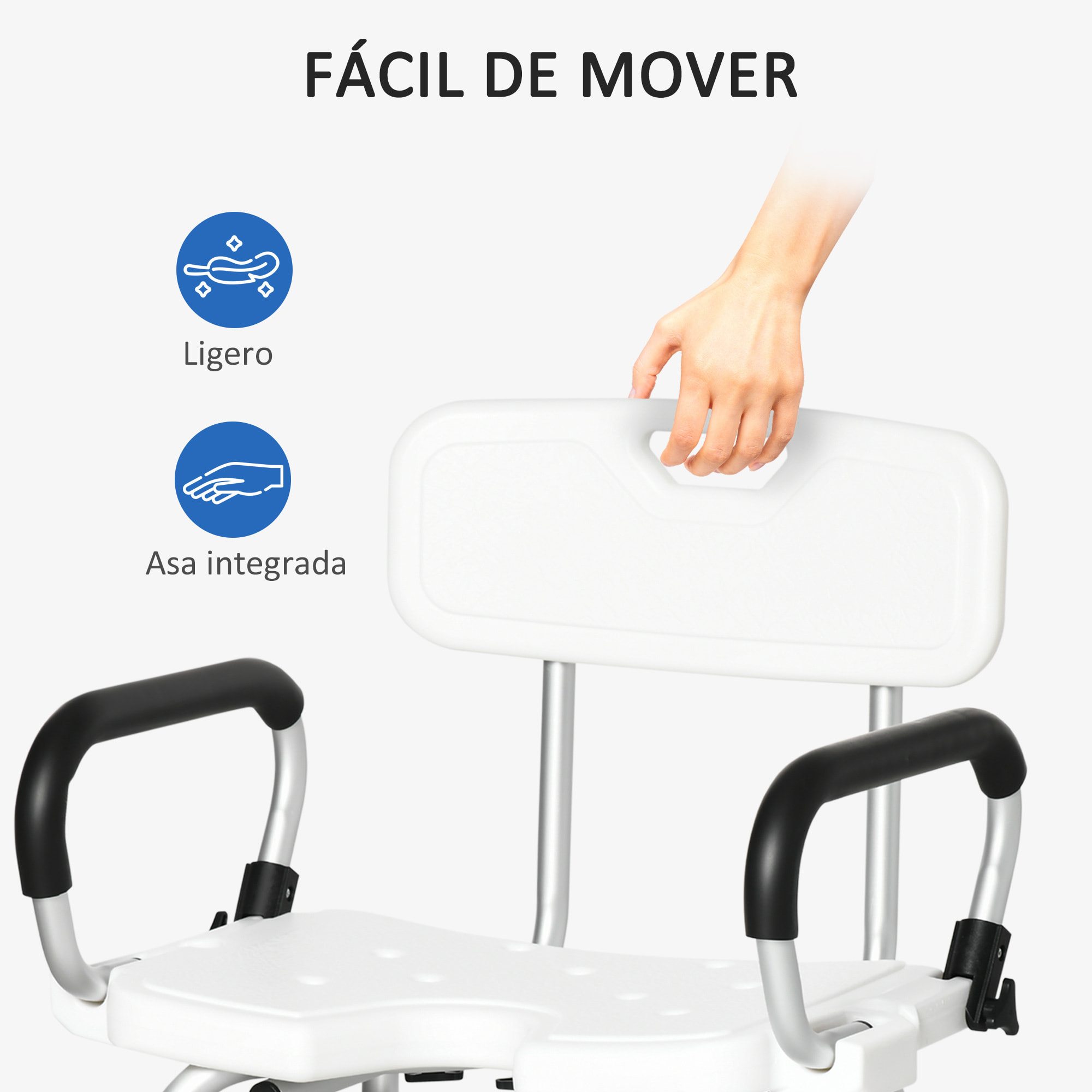 HOMCOM Silla para Ducha de Aleación de Aluminio Taburete de Baño Antideslizante con Altura Ajustable de 6 Niveles y Reposabrazos Regulable para Mayores 54x52x70-82 cm Blanco