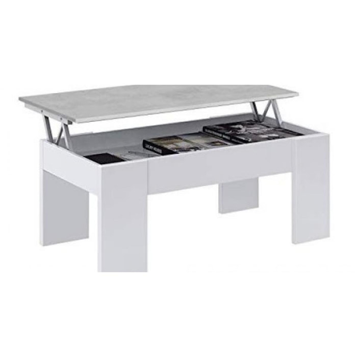 Tavolino da salotto Oceanside, Tavolino da caffè con piano elevabile, Tavolo basso da soggiorno, cm 100x50h45/56, Bianco e cemento