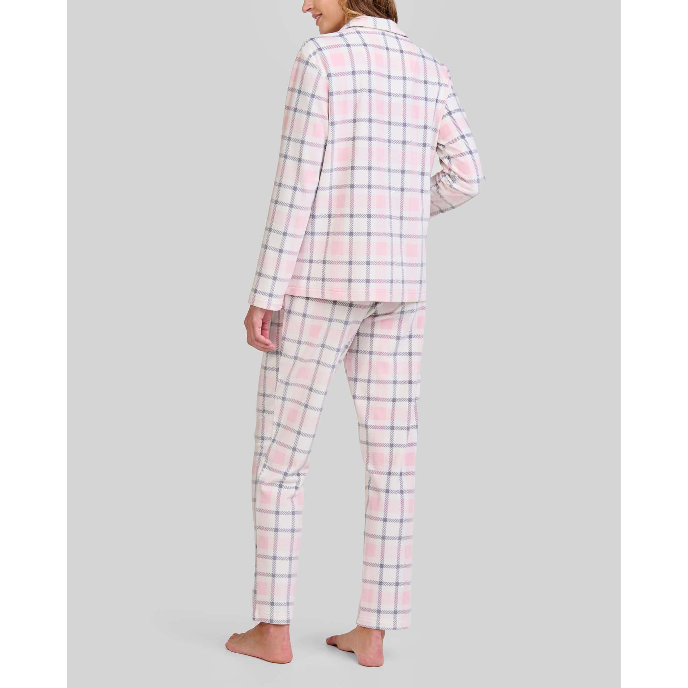 Pijama mujer suave tejido de cuadros, abotonado con bolsillos de plastón, manga larga y pantalón largo