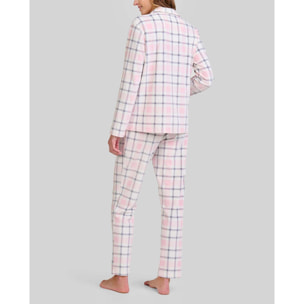 Pijama mujer suave tejido de cuadros, abotonado con bolsillos de plastón, manga larga y pantalón largo